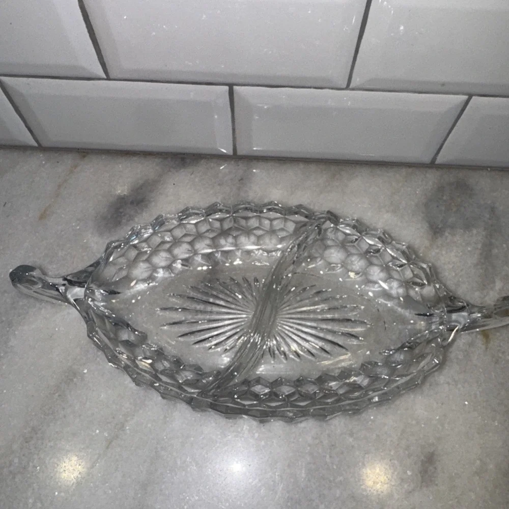 Vintage Fostoria American Clear 2056 Two-Part Divided Relish‎ Boat Dish 12